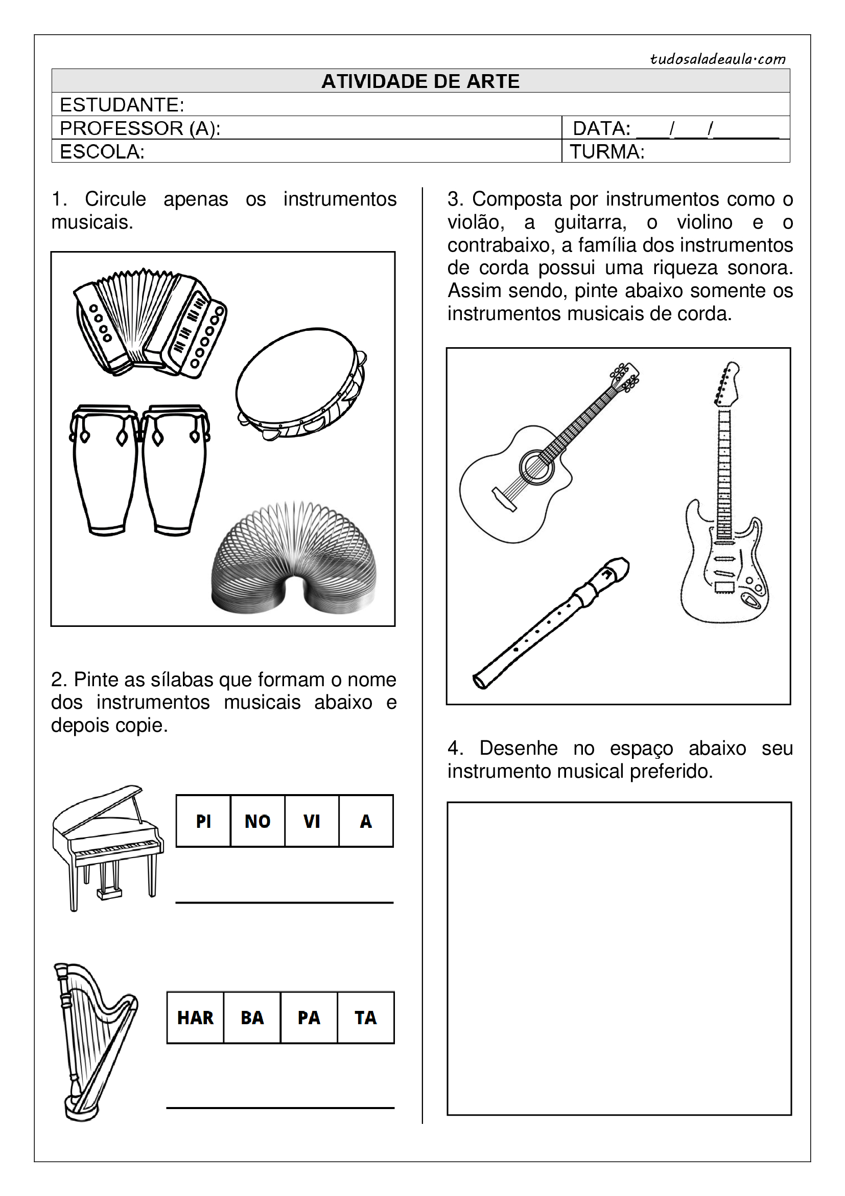 Atividade sobre os Instrumentos Musicais - 1º e 2º ano